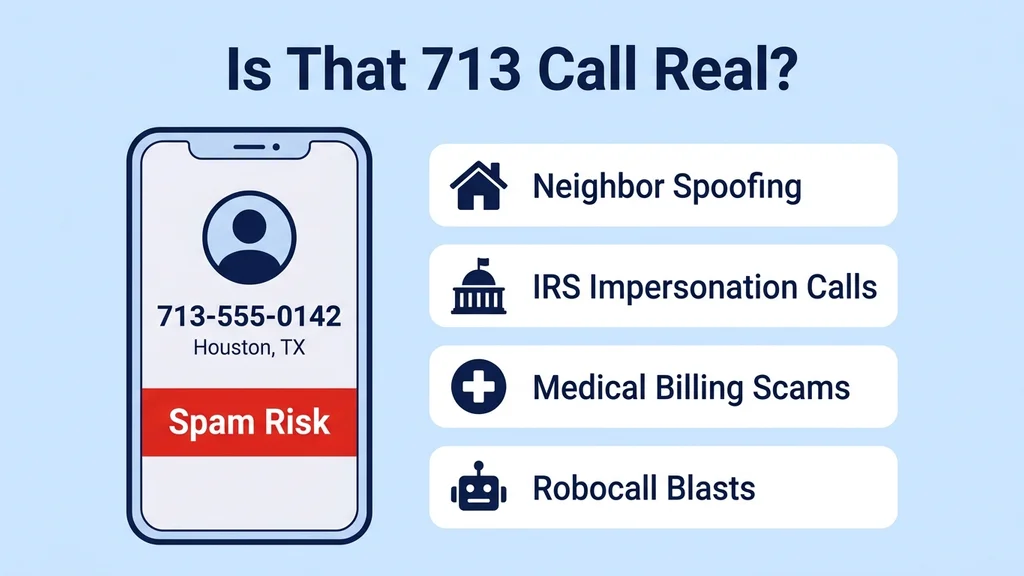 Phone screen showing a spoofed 713-XXX-XXXX Houston call with a spam risk warning, alongside common Houston scam types including neighbor spoofing and IRS impersonation