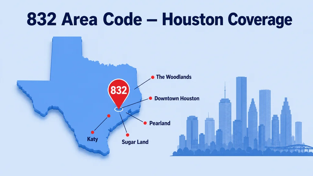 Texas state map with 832 pin over Houston and dot markers on The Woodlands, Downtown Houston, Pearland, Katy and Sugar Land