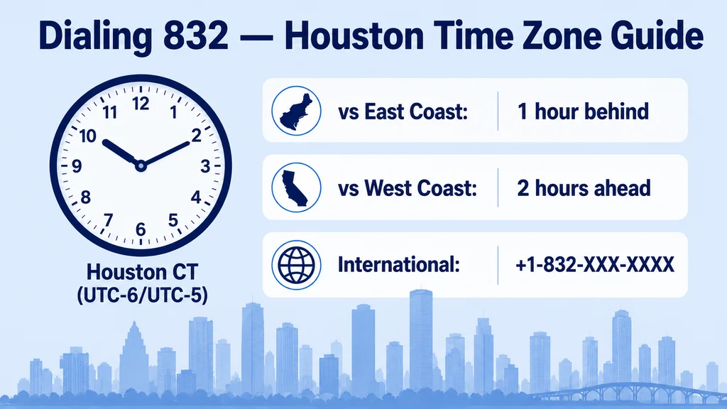 Clock face showing Houston Central Time UTC-6 alongside comparison rows for East Coast and West Coast time differences and international dialing format