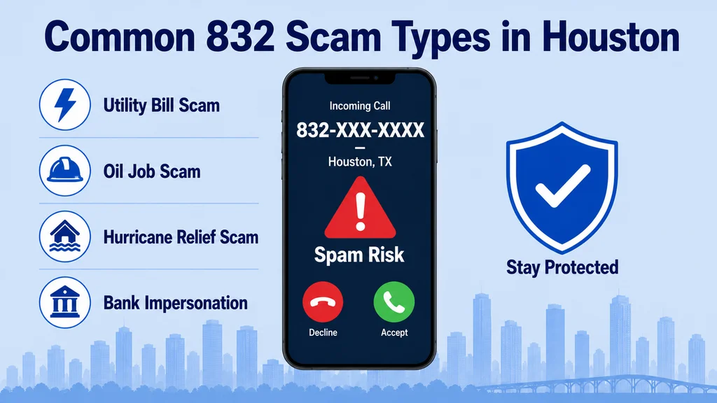 Smartphone screen displaying 832-XXX-XXXX Houston TX with Spam Risk alert, alongside icons for Utility Bill Scam, Oil Job Scam, Hurricane Relief Scam and Bank Impersonation