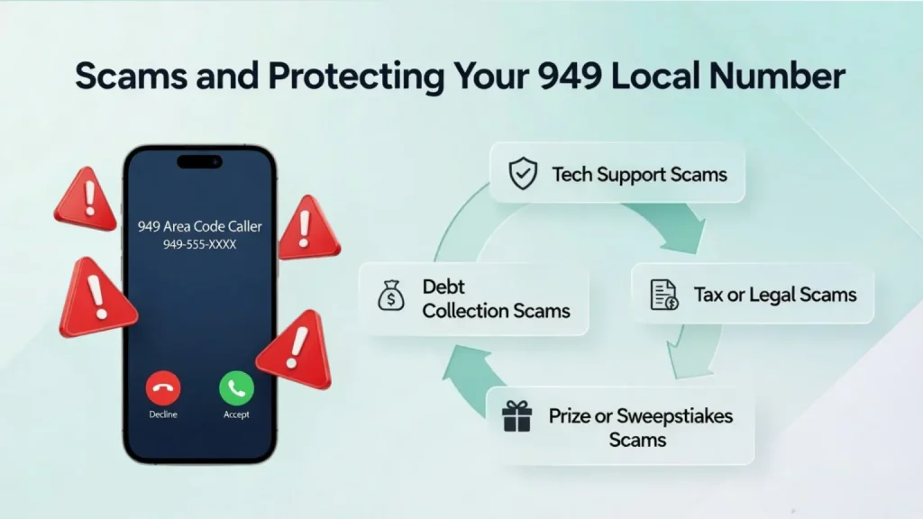 Common scams using the 949 area code — tech support traps, fake tax threats, sweepstake fraud, and phantom debt collectors