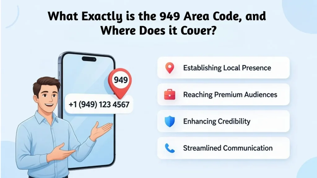 949 area code coverage map showing Southern Orange County cities — Irvine, Newport Beach, Laguna Beach, Costa Mesa, and Tustin