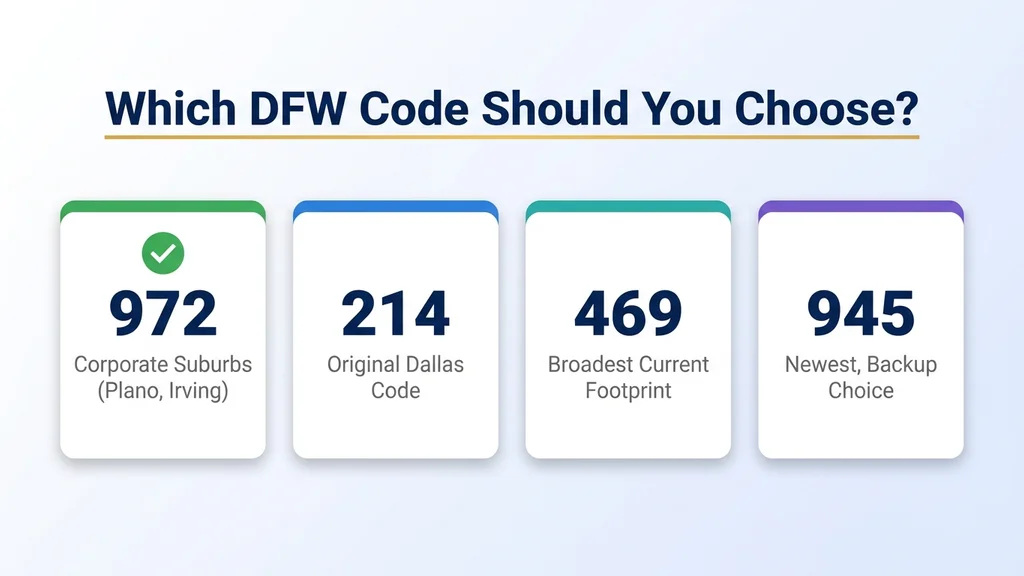 Decision guide comparing when to choose the 972, 214, 469, or 945 area code for a Dallas-Fort Worth business, matched to business type and target neighborhood