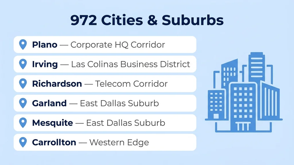 List of 972 area code cities and suburbs with pin icons for Plano, Irving, Richardson, Garland, Mesquite, and Carrollton