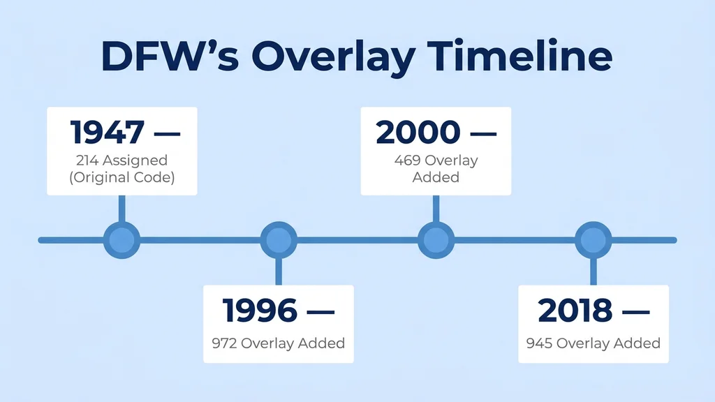 Timeline of the Dallas-Fort Worth overlay history showing 214 as the original code, 972 added in 1996, 469 added in 2000, and 945 added in 2018