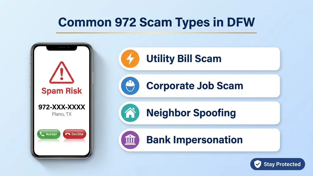 Phone screen showing a spoofed 972-XXX-XXXX Plano Texas call with a spam risk warning, alongside common DFW scam types including neighbor spoofing and utility impersonation