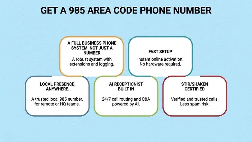 Infographic showing 985 area code phone number benefits: local presence, full business phone system, AI receptionist, fast setup, and STIR/SHAKEN authentication