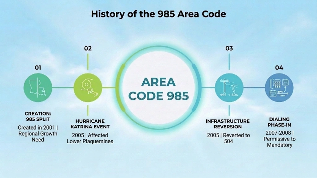 Timeline of the 985 area code history: 2001 creation as a split from 504, the 2005 Hurricane Katrina event affecting lower Plaquemines Parish, the 2005 reversion to 504, and the 2007-2008 dialing phase-in