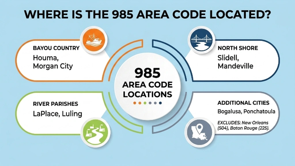 Infographic showing the 985 area code regions: Bayou Country (Houma, Morgan City), North Shore (Slidell, Mandeville), River Parishes (LaPlace, Luling), and additional cities, excluding New Orleans and Baton Rouge