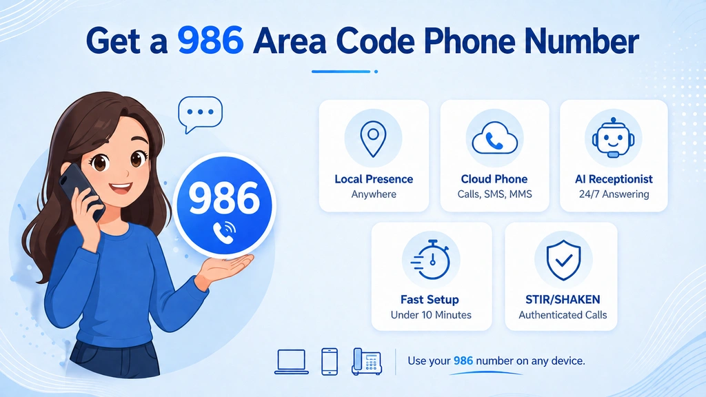 Infographic showing 986 area code phone number benefits: local presence, Cloud Phone, AI Receptionist, fast setup, and STIR/SHAKEN authentication