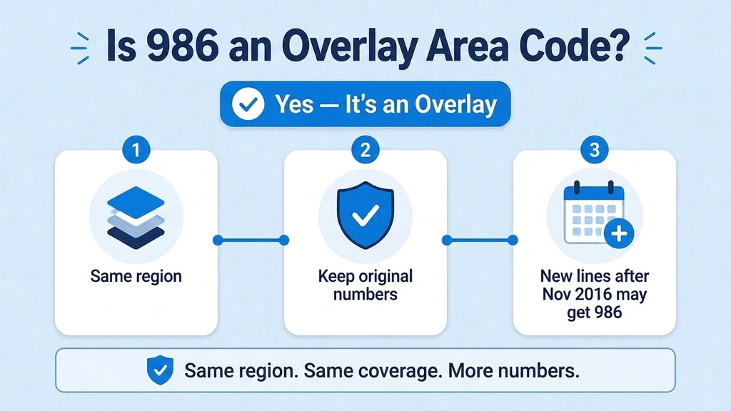 Infographic confirming 986 is an overlay area code: same region as 208, existing numbers keep their code, new lines after November 2016 may get 986