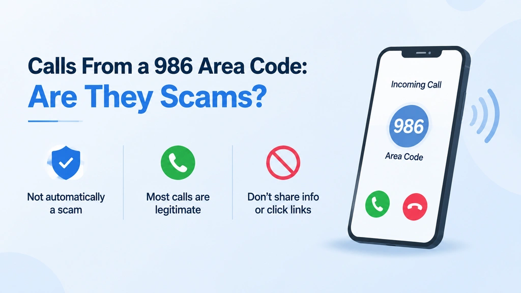 Phone screen showing an incoming call from a 986 area code number, with reassurance that most calls are legitimate but callers should not share information or click links