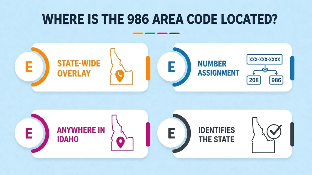 Infographic showing the 986 area code as a statewide overlay covering all of Idaho, with 208/986 number assignment and coverage details