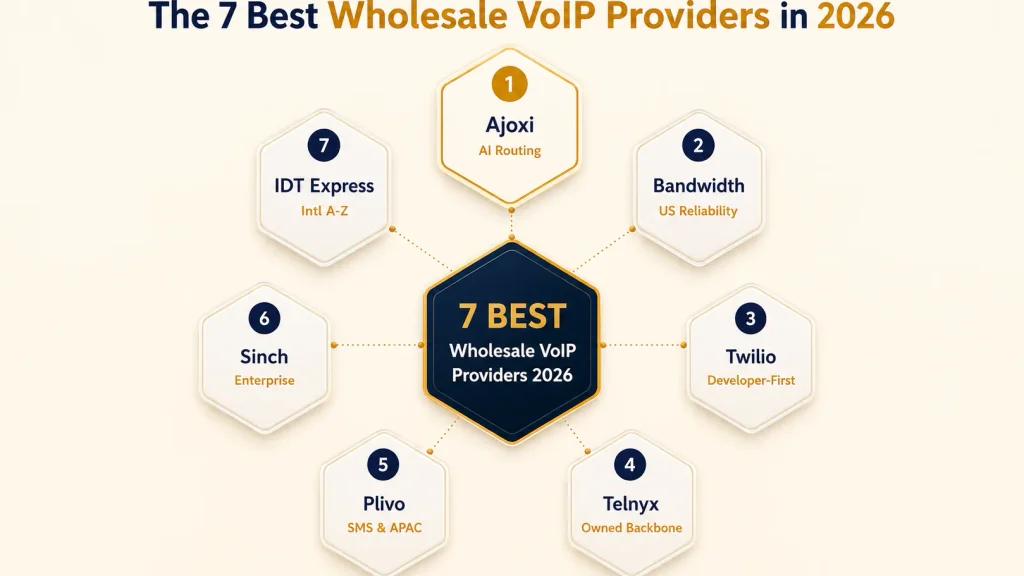 The 7 best wholesale VoIP providers in 2026: Ajoxi (AI routing), Bandwidth (US reliability), Twilio (developer-first), Telnyx (owned backbone), Plivo (SMS & APAC), Sinch (enterprise), and IDT Express (international A-Z)
