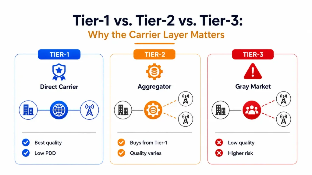 Tier-1 vs Tier-2 vs Tier-3 carrier comparison: Tier-1 owns direct PSTN peering, Tier-2 aggregators buy from Tier-1 and resell, Tier-3 gray-market routes carry higher risk