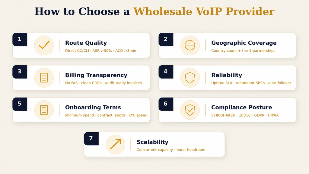 How to choose a wholesale VoIP provider — seven criteria: route quality, geographic coverage, billing transparency, reliability, onboarding terms, compliance posture, and scalability