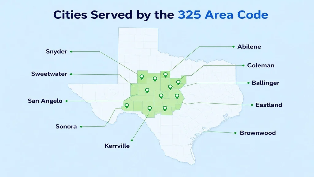 Cities served by the 325 area code: Abilene (largest city, ~125,000), San Angelo (~100,000), Brownwood, Sweetwater, and Snyder across roughly 40 counties of west-central Texas