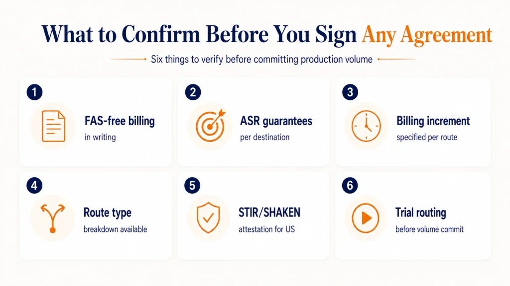 What to confirm before you sign any termination agreement: six checks — FAS-free billing in writing, ASR guarantees per destination, billing increment per route, route type breakdown, STIR/SHAKEN attestation for US, and trial routing before volume commit