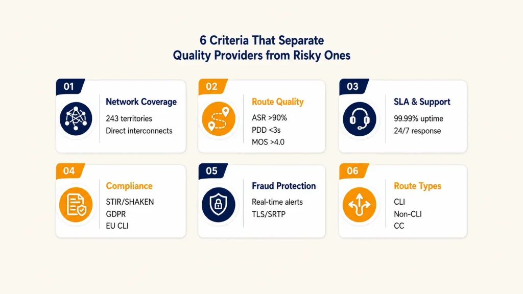 Six-criteria wheel for choosing a wholesale VoIP termination provider: network coverage, route quality metrics, route type access, fraud protection, compliance coverage, and SLA and support