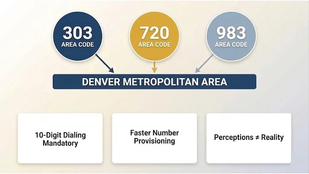 The 720-303-983 overlay system: area codes 303, 720, and 983 all serve the Denver metropolitan area, with 10-digit dialing mandatory, faster number provisioning, and perception not matching reality