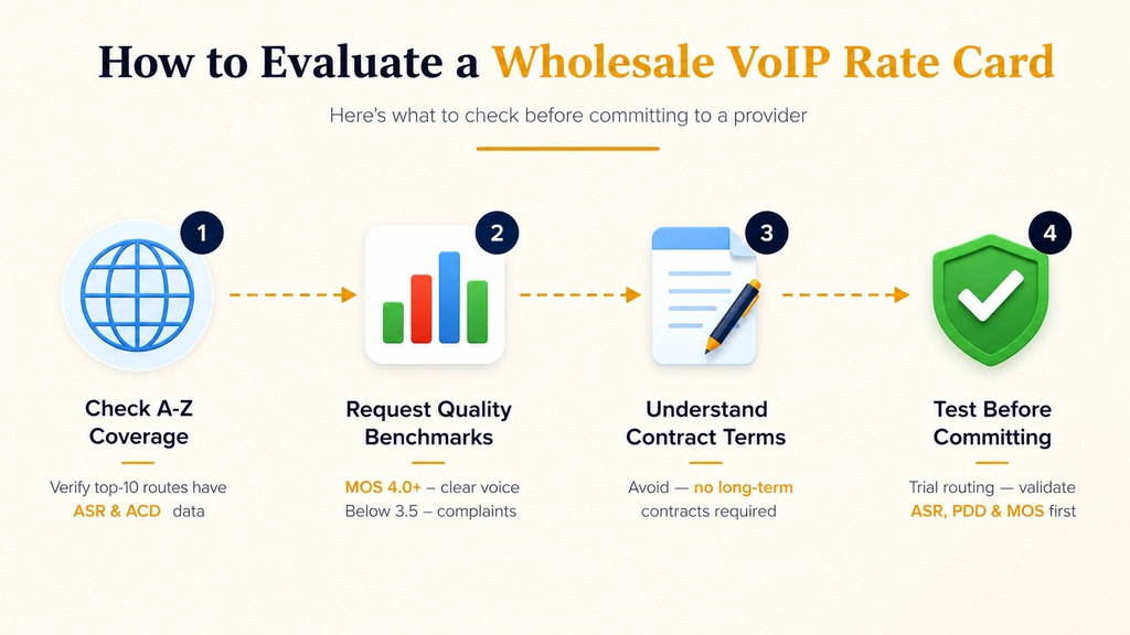 Checklist of four things to verify before committing to a wholesale VoIP provider: check the A-Z coverage, request quality benchmarks, understand the contract structure, and test before committing