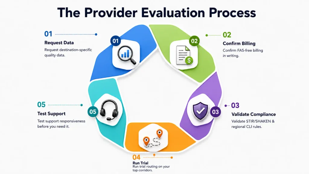 The provider evaluation process in five steps: request destination-specific quality data, confirm FAS-free billing in writing, validate STIR/SHAKEN and regional CLI rules, run trial routing on your top corridors, and test support responsiveness