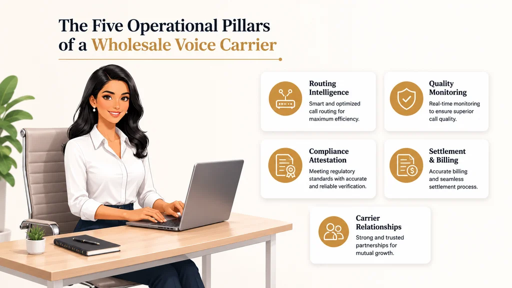 The five operational pillars of a wholesale voice carrier: routing intelligence, quality monitoring, compliance attestation, settlement and billing, and carrier relationships