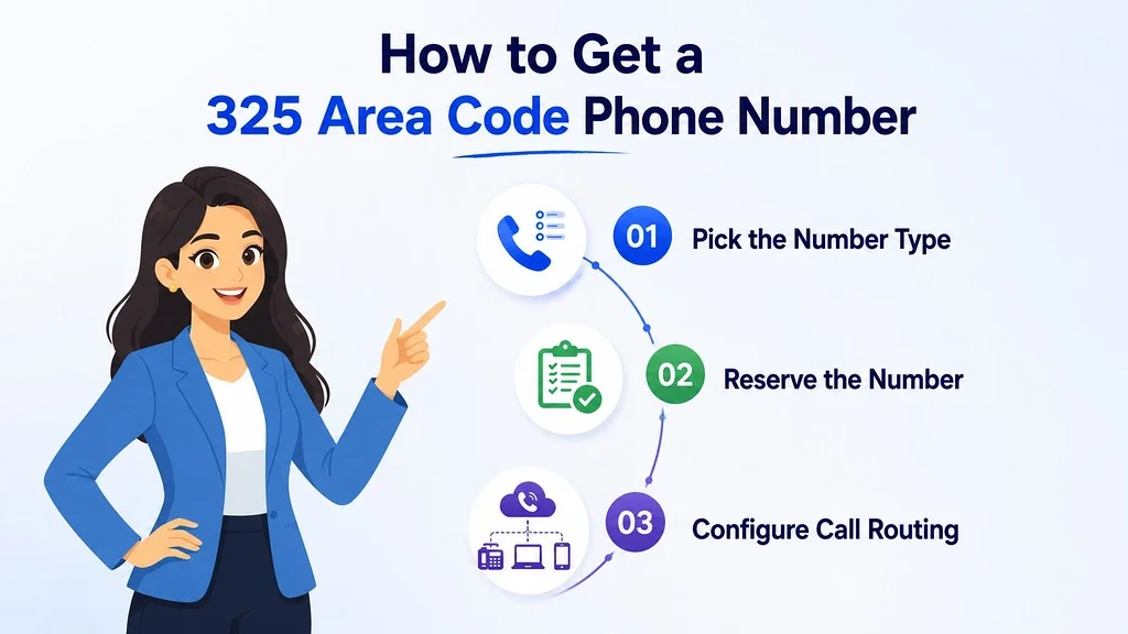 How to get a 325 area code number in three steps: pick the number type, reserve the number, and configure SIP routing — typically live within 24 to 48 hours from order