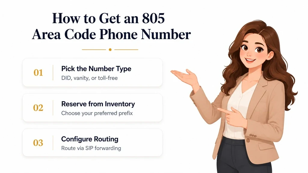 How to get an 805 area code number in three steps: pick the number type, reserve from inventory, and configure SIP routing