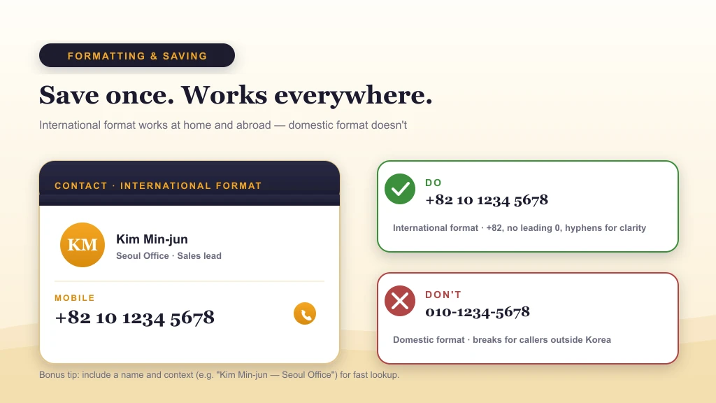 Tips for formatting and saving Korean phone numbers — use the international +82 format