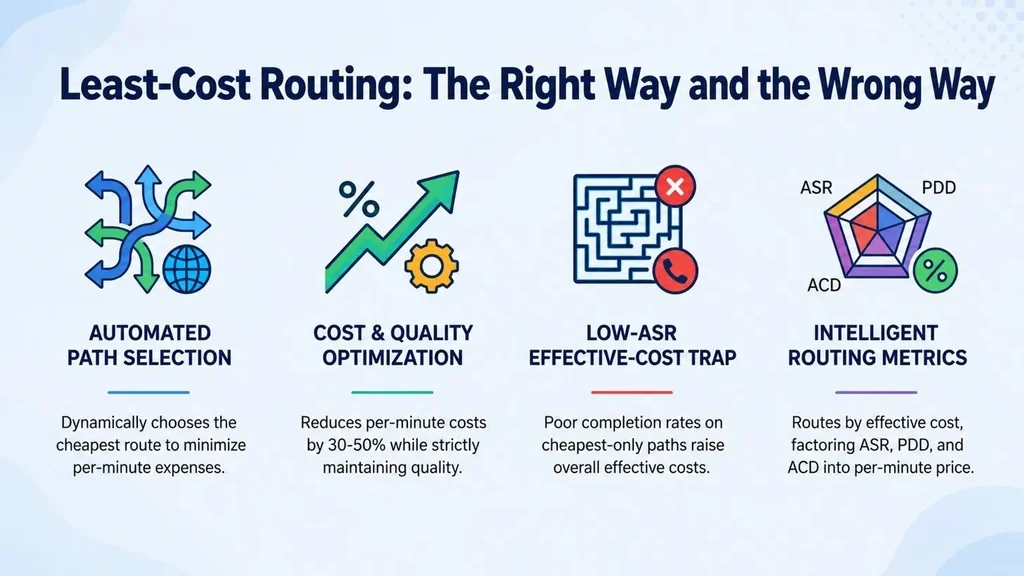 Least-cost routing the right way and the wrong way — automated path selection, cost and quality optimization, the low-ASR effective-cost trap, and intelligent routing metrics (ASR, PDD, ACD)