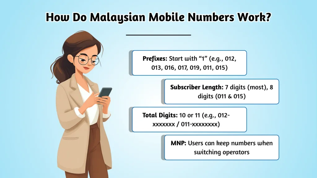 How Malaysian mobile numbers work — mobile prefixes 012, 013, 016, 017, 019, 011, 015 and subscriber number lengths