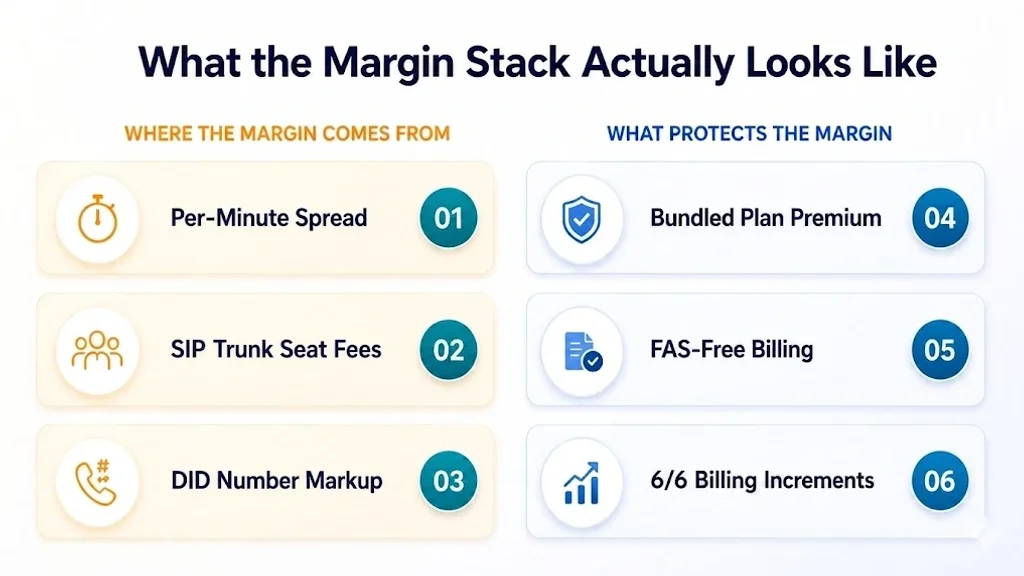 Diagram of the wholesale VoIP reseller margin stack — per-minute spread, SIP trunk seat fees, and DID markup are where the margin comes from; bundled plans, FAS-free billing, and 6/6 increments are what protects it