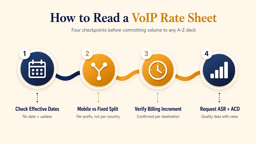 How to read a VoIP rate sheet in four checkpoints: check effective dates, mobile vs fixed split per prefix, verify billing increment per destination, and request ASR and ACD quality data alongside rates
