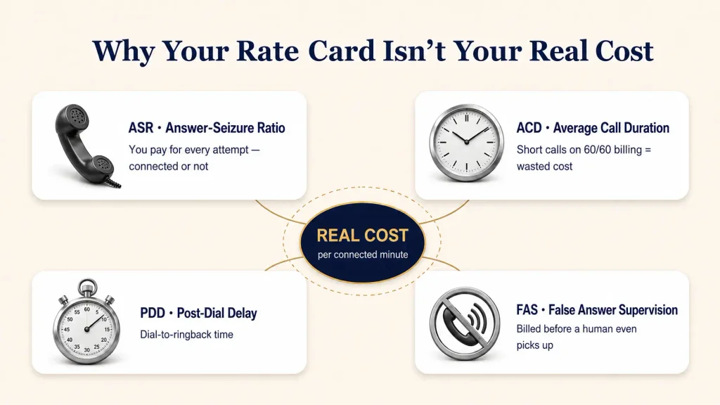 Why your rate card is not your real cost: four hidden metrics — ASR (answer-seizure ratio), ACD (average call duration), PDD (post-dial delay), and FAS (false answer supervision) — determine what you actually pay per connected minute