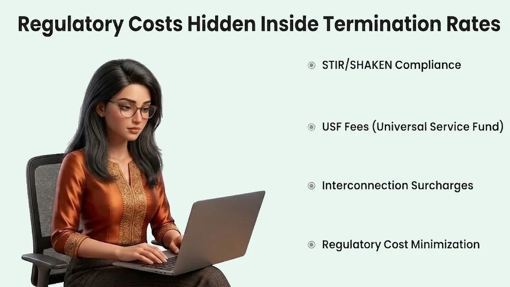 Regulatory costs hidden inside termination rates — STIR/SHAKEN compliance, USF (Universal Service Fund) fees, interconnection surcharges, and how to minimize the regulatory cost layer