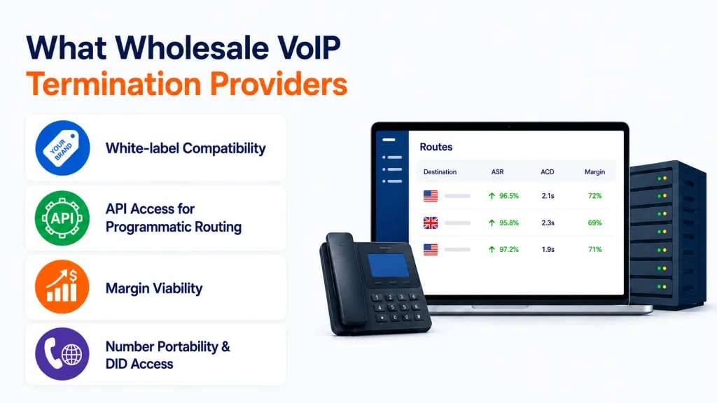 What resellers need from a wholesale provider: white-label readiness, API and SIP integration, margins up to 70%, and DID plus termination from one vendor