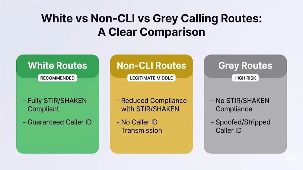 White routes vs Non-CLI routes vs grey routes compared on caller ID, compliance, answer rate, and regulatory risk