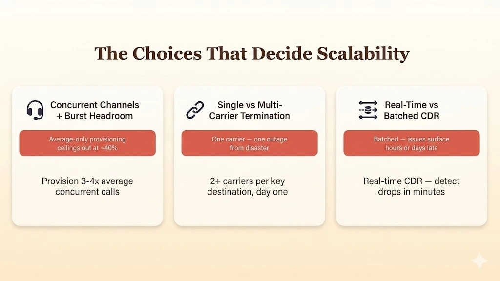 The 3 configuration choices that decide scalability: concurrent channels and burst headroom, single vs multi-carrier termination, and real-time vs batched CDR