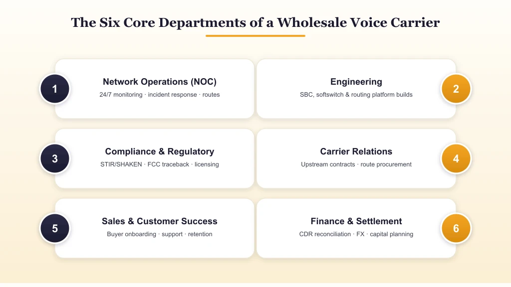 The six core departments of a wholesale voice carrier: network operations (NOC), engineering, compliance and regulatory, carrier relations, sales and customer success, and finance and settlement