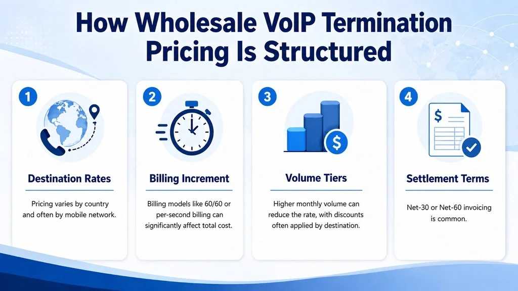How wholesale VoIP termination pricing is structured — four variables: destination rates, billing increment, volume tiers, and settlement terms