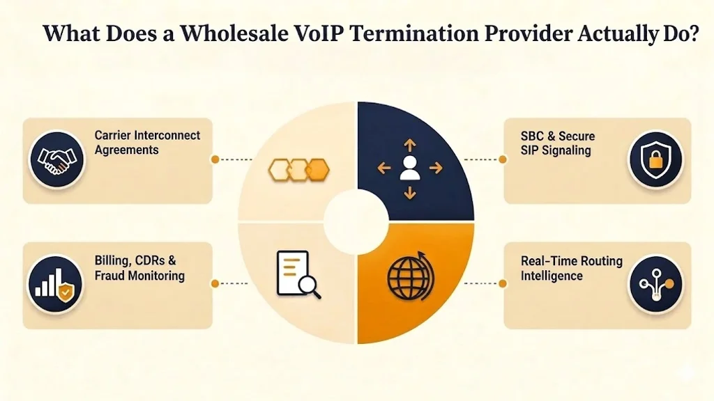 Four-quadrant diagram of what a wholesale VoIP termination provider does: carrier interconnect agreements, SBC and secure SIP signaling, real-time routing intelligence, and billing, CDRs and fraud monitoring
