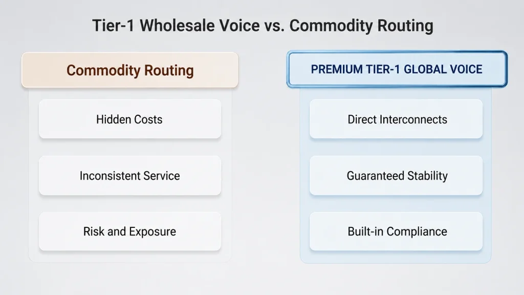 Tier-1 wholesale voice vs commodity routing compared across carrier interconnects, PDD and ASR stability, incident resolution, route optimization, fraud monitoring, and compliance