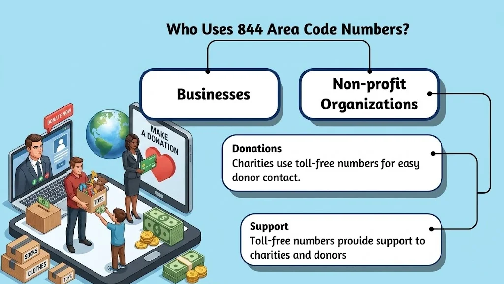 Who uses 844 area code numbers — businesses, non-profits and government agencies