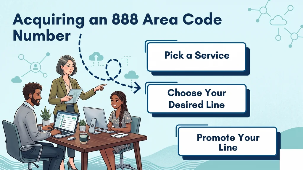 Acquiring an 888 area code number — pick a service, choose line, promote, custom options