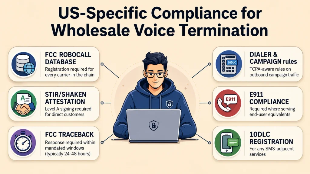 US-Specific Compliance for Wholesale Voice Termination — FCC Robocall Database, STIR/SHAKEN attestation, FCC traceback, TCPA dialer rules, E911 compliance, 10DLC registration