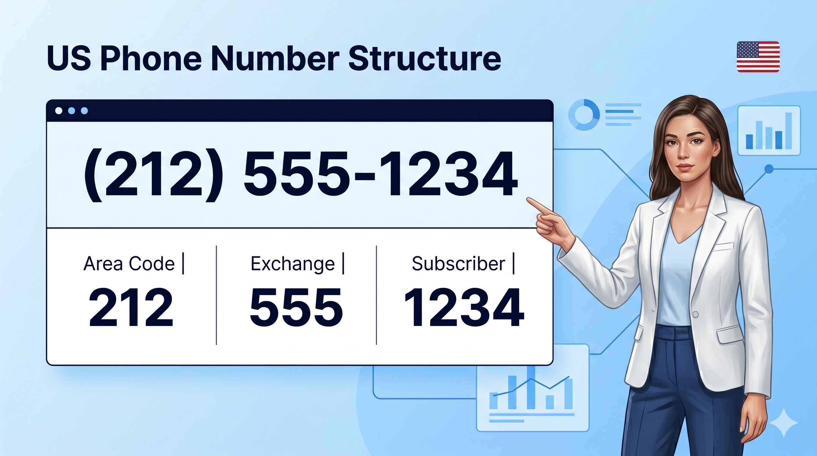 US phone number structure — area code, exchange code, subscriber number breakdown diagram