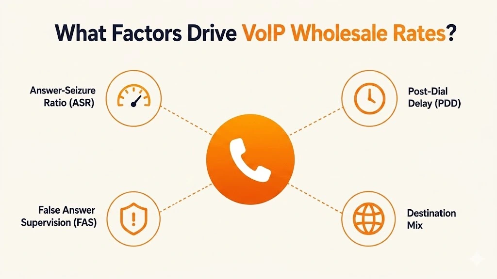 Diagram of the four factors that drive VoIP wholesale rates — Answer-Seizure Ratio (ASR), Post-Dial Delay (PDD), False Answer Supervision (FAS), and destination mix — all feeding into VoIP wholesale pricing