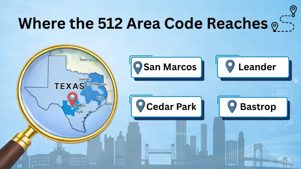 Where the 512 area code reaches — Austin and Central Texas cities
