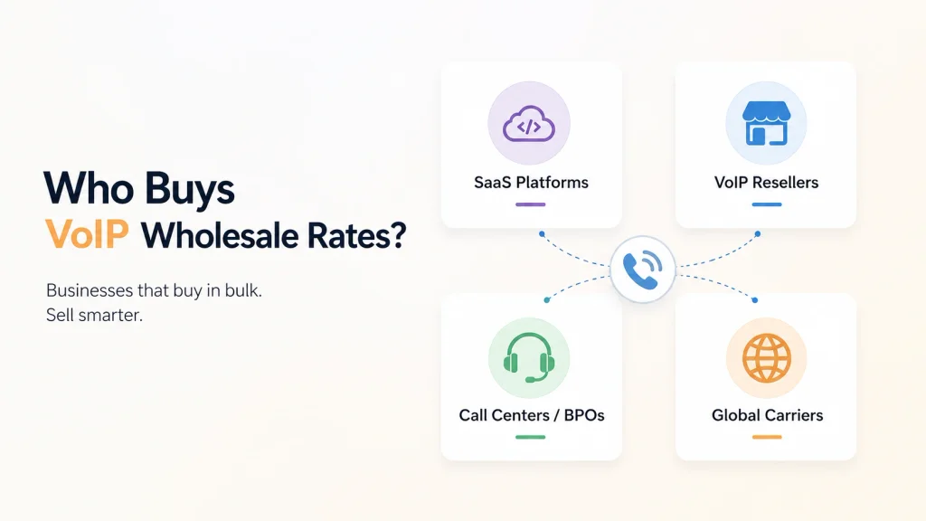 Diagram of the four business types that buy VoIP wholesale rates: VoIP resellers and MVNOs, BPOs and call centers, SaaS platforms with calling, and international carriers and aggregators